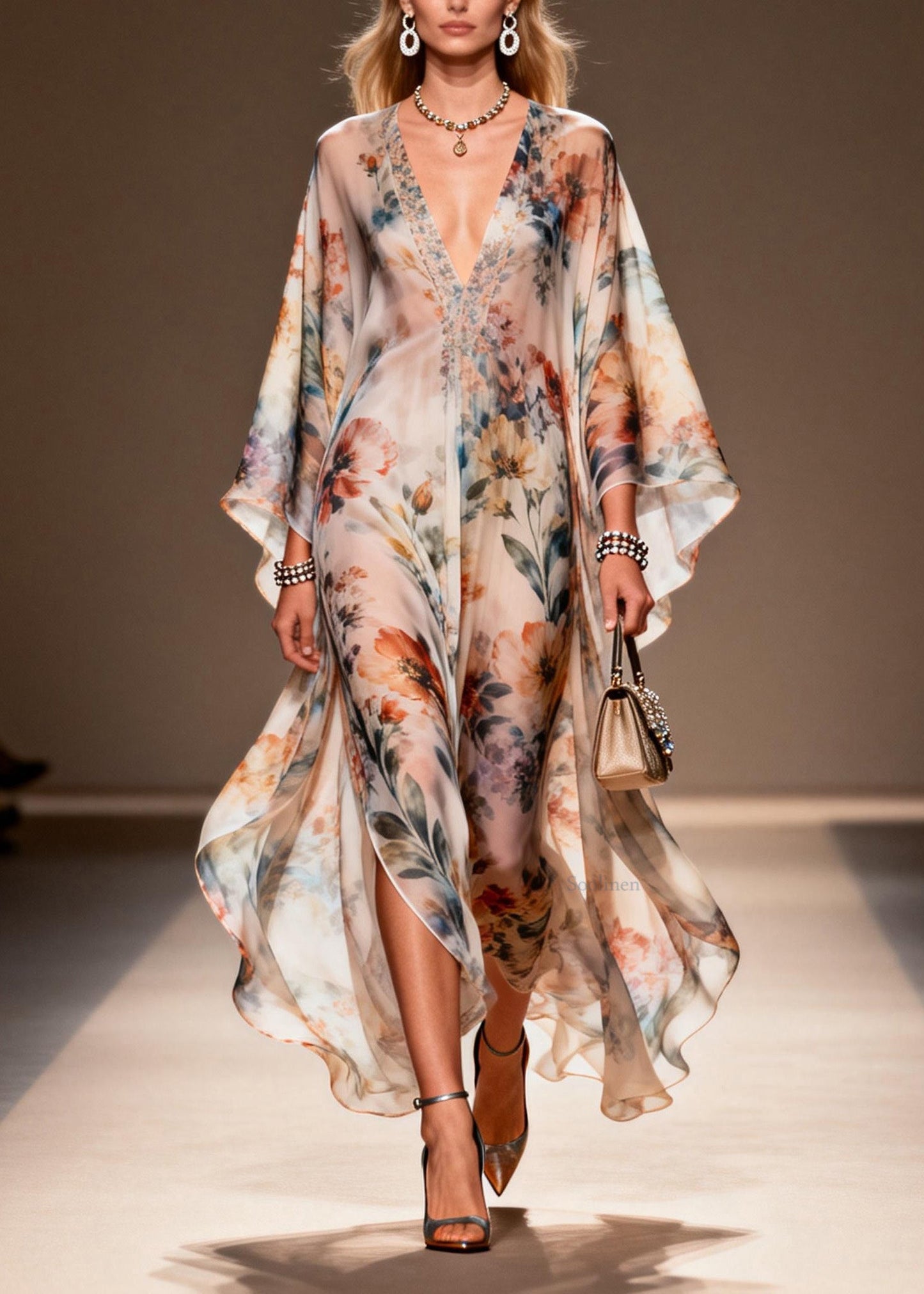 Women V Neck Print Side Open Chiffon Dress Spring
