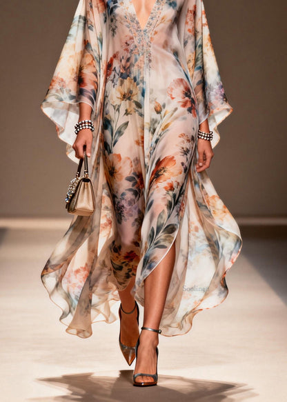 Women V Neck Print Side Open Chiffon Dress Spring