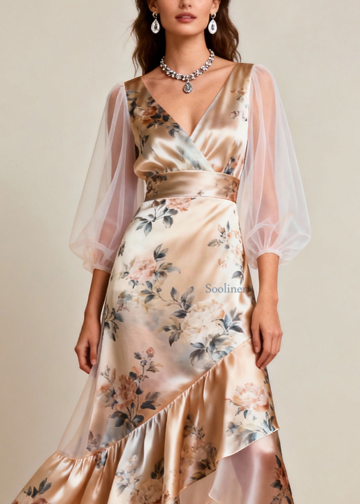 Women V Neck Print Tulle Patchwork Silk Dresses Sleeveless