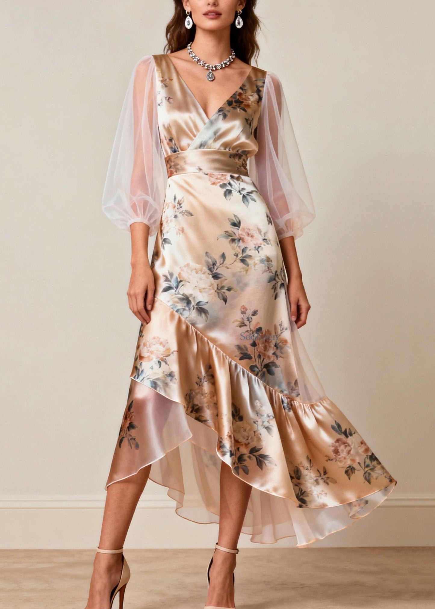 Women V Neck Print Tulle Patchwork Silk Dresses Sleeveless