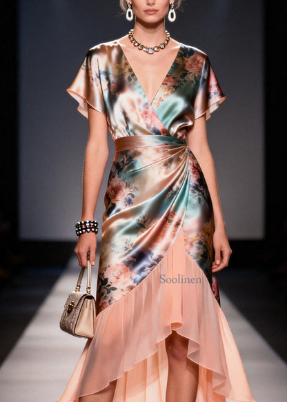 Women V Neck Ruffled Print Patchwork Silk Dresses Summer