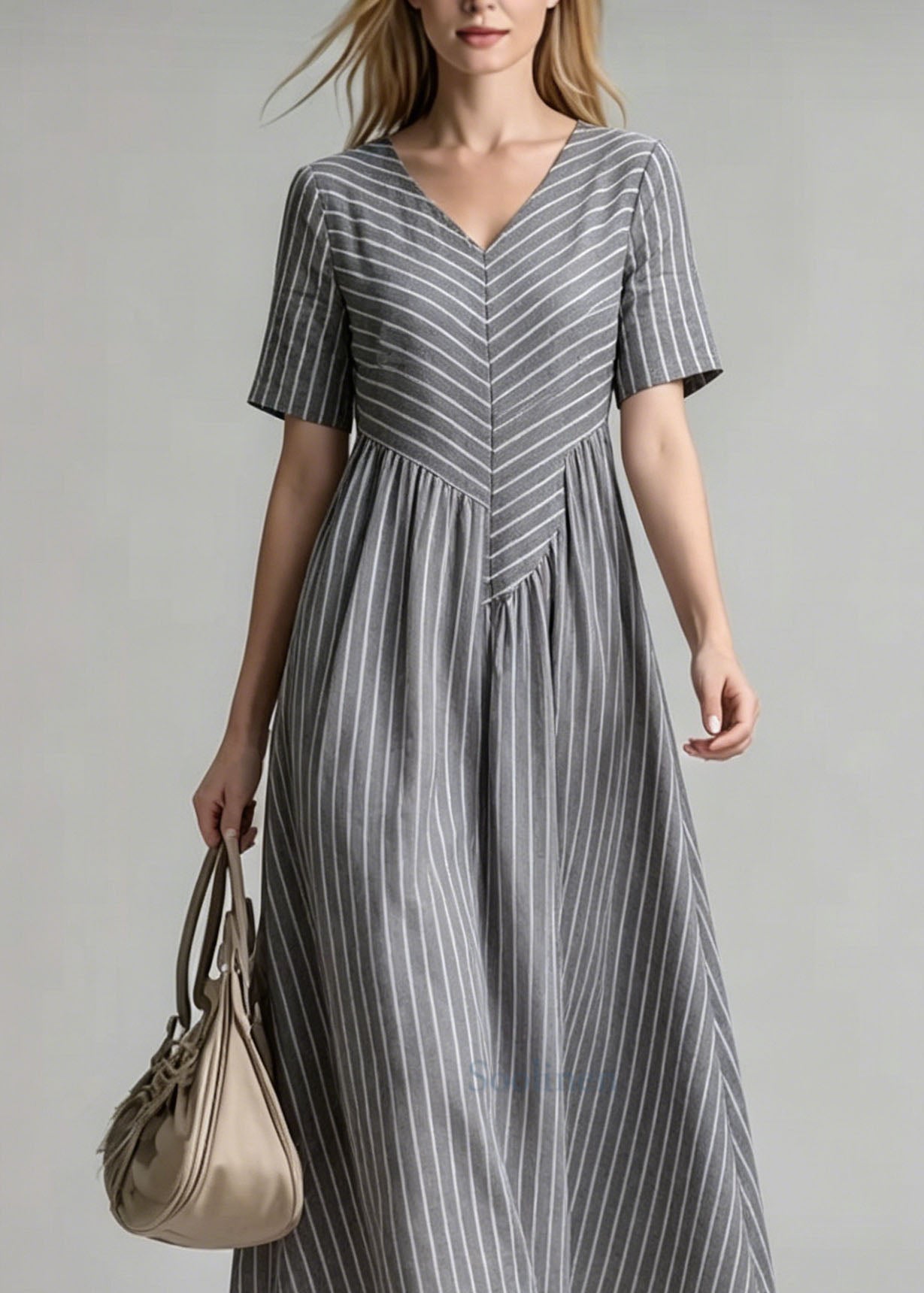 Women V Neck Striped Patchwork Cotton Dress Summer
