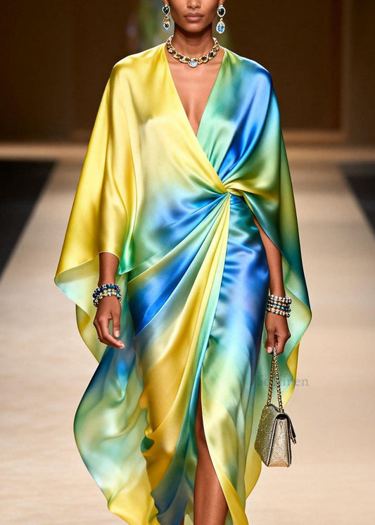 Women V Neck Tie Dye Side Open Chiffon Dresses Spring