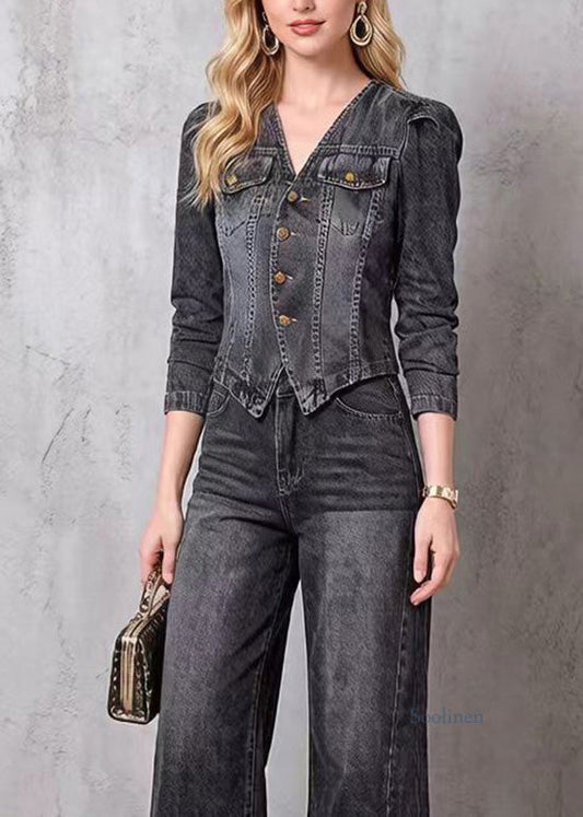Women V Neck Top And Pants Denim Two Pieces Set Spring