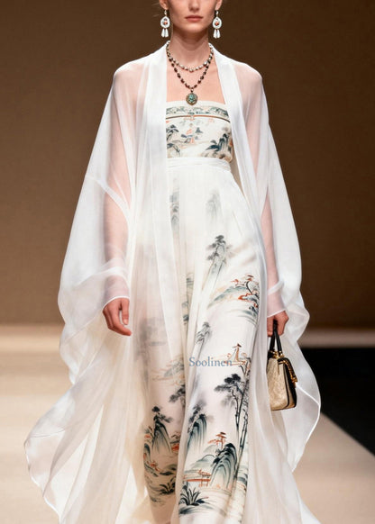 Women White Cardigans And Dress Print Chiffon Two Pieces Set Spring