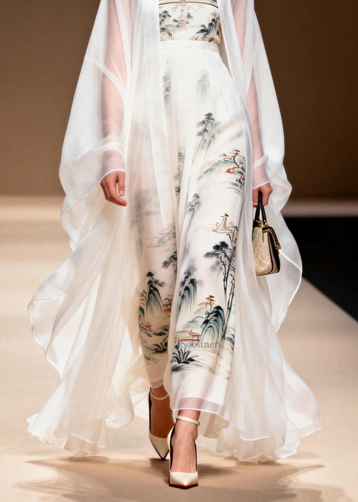 Women White Cardigans And Dress Print Chiffon Two Pieces Set Spring