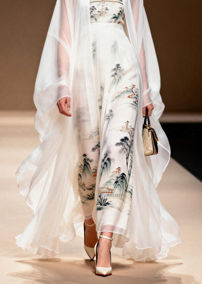 Women White Cardigans And Dress Print Chiffon Two Pieces Set Spring