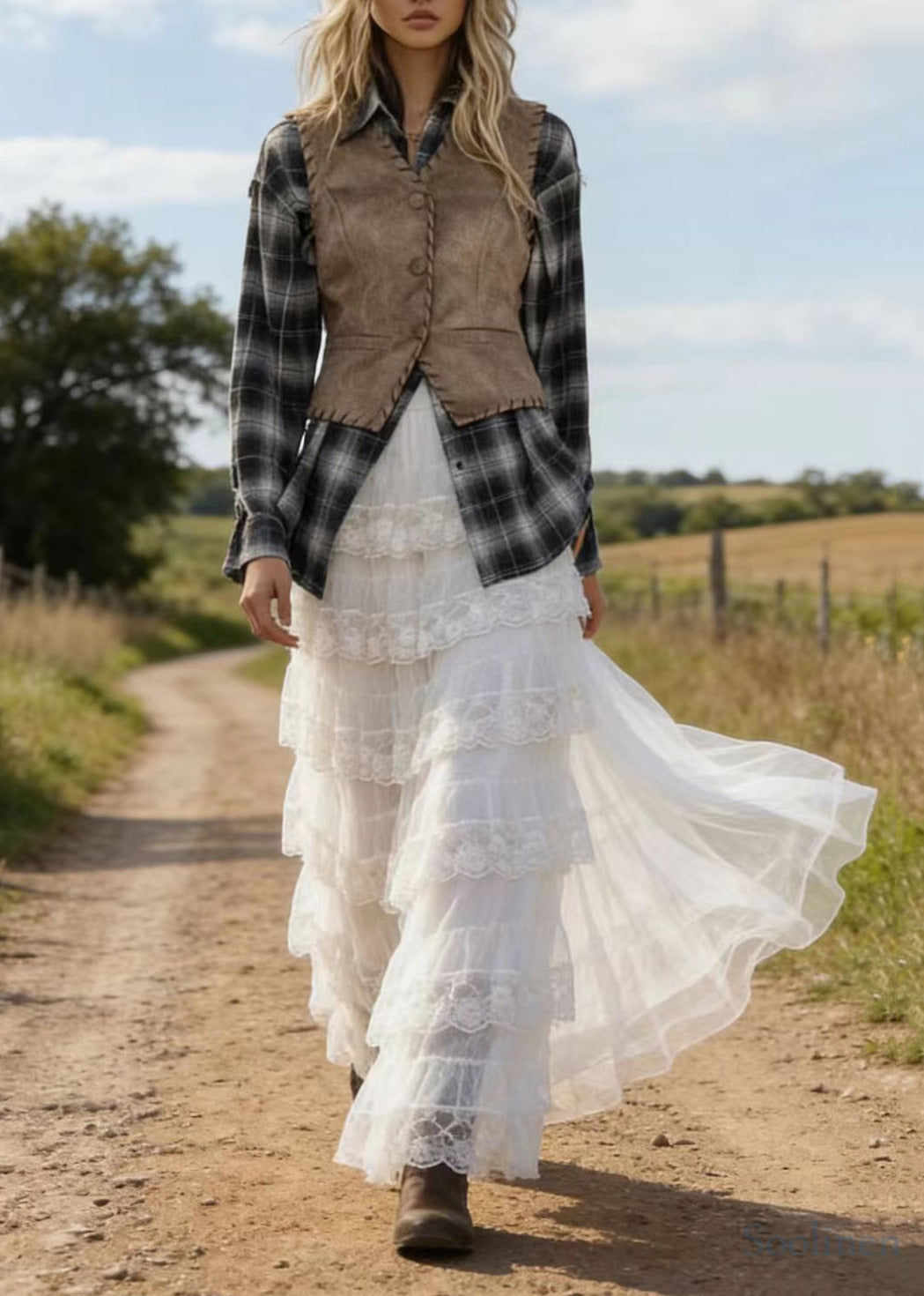 Women White Elastic Waist Patchwork Lace A Line Skirt Spring
