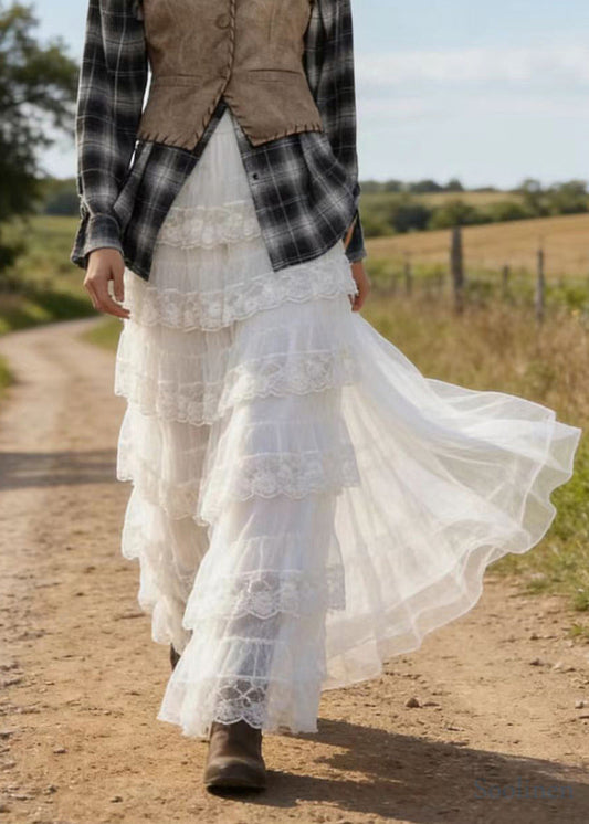 Women White Elastic Waist Patchwork Lace A Line Skirt Spring