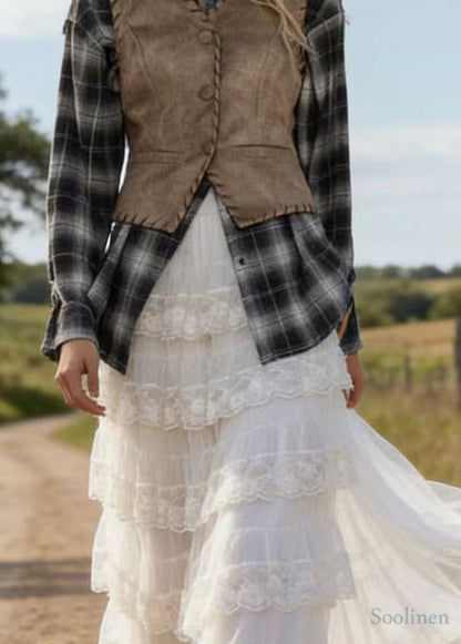 Women White Elastic Waist Patchwork Lace A Line Skirt Spring