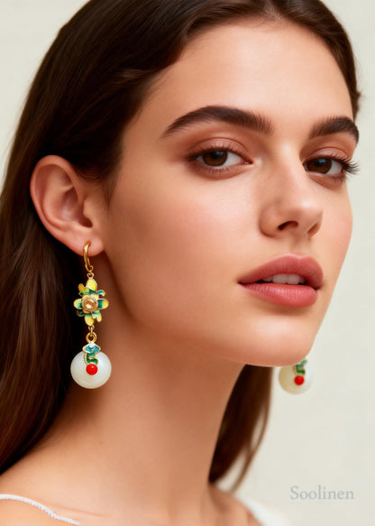 Women White Jade Paitings Flower Metal Drop Earrings