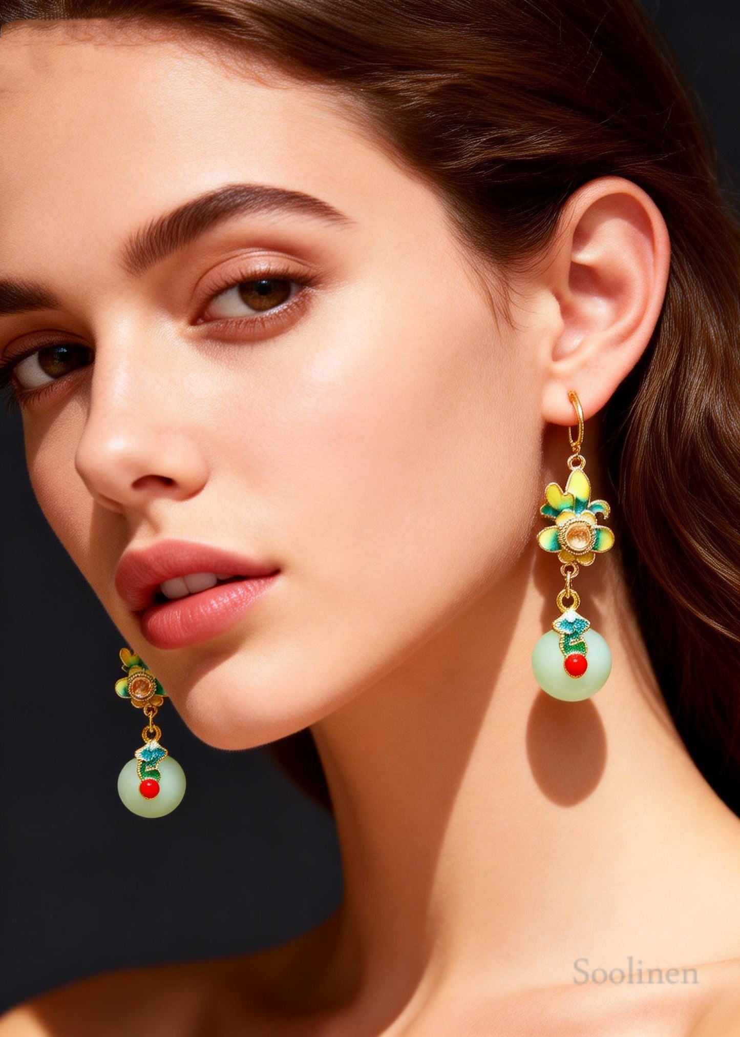 Women White Jade Paitings Flower Metal Drop Earrings