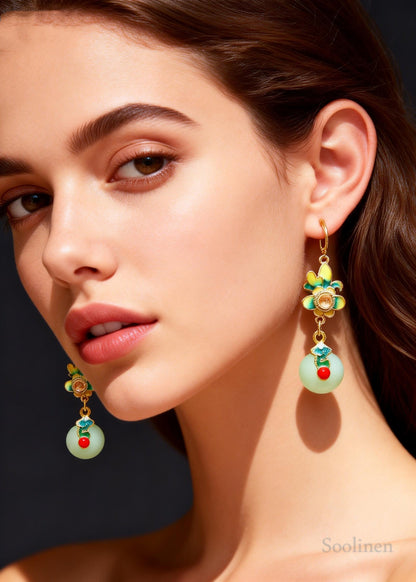 Women White Jade Paitings Flower Metal Drop Earrings