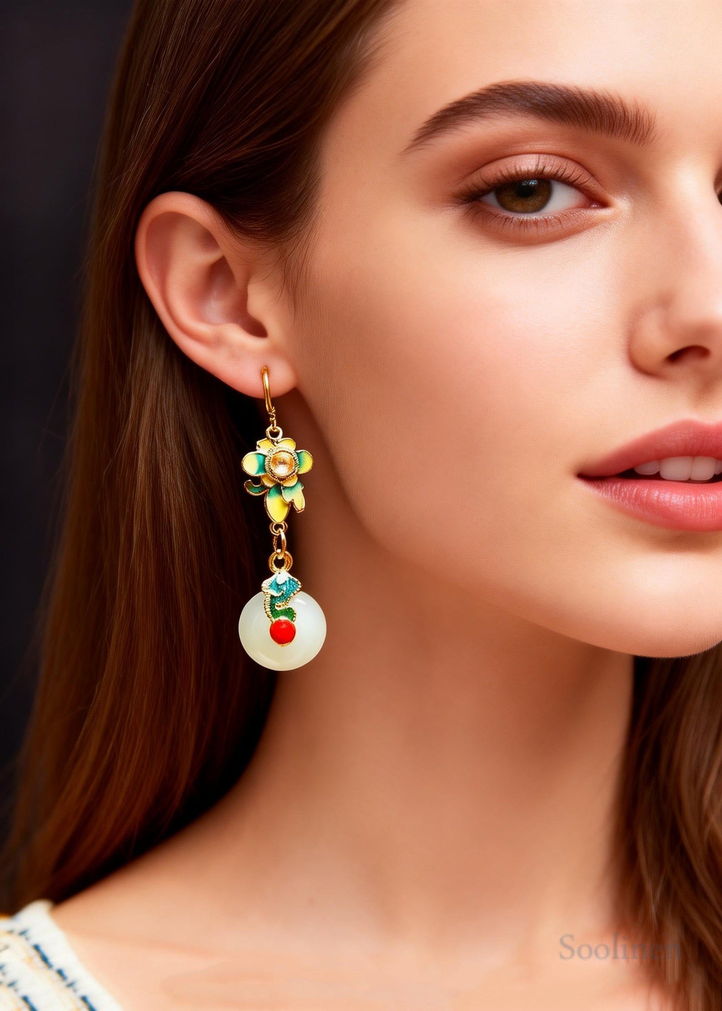 Women White Jade Paitings Flower Metal Drop Earrings