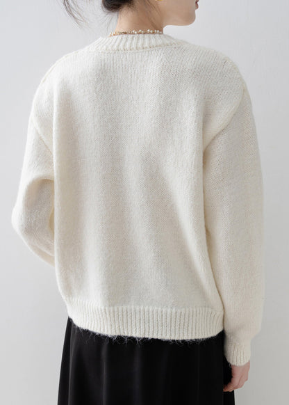 Women White O Neck Butterfly Zircon Knit Sweater Tops Spring