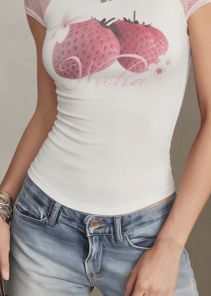 Women White O Neck Patchwork Cotton T Shirt Summer