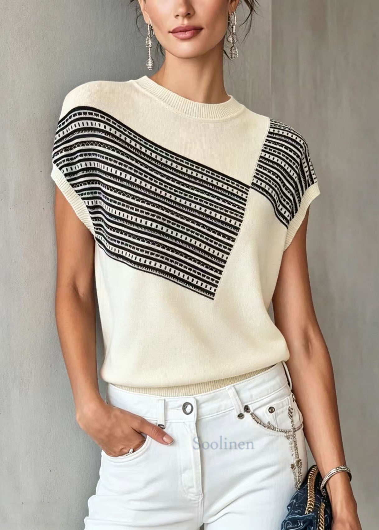 Women White O Neck Print Thin Knit Blouse Tops Summer
