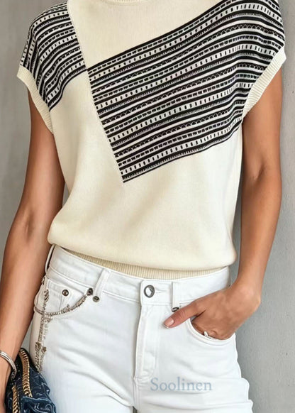 Women White O Neck Print Thin Knit Blouse Tops Summer