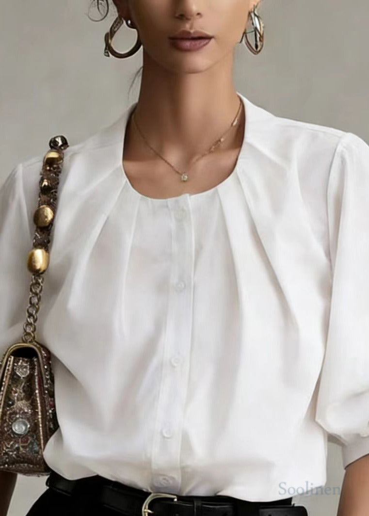Women White O-Neck Wrinkled Cotton Blouses Lantern Sleeve