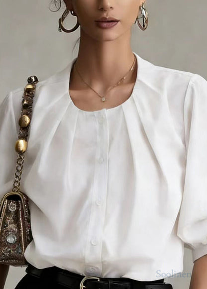 Women White O-Neck Wrinkled Cotton Blouses Lantern Sleeve