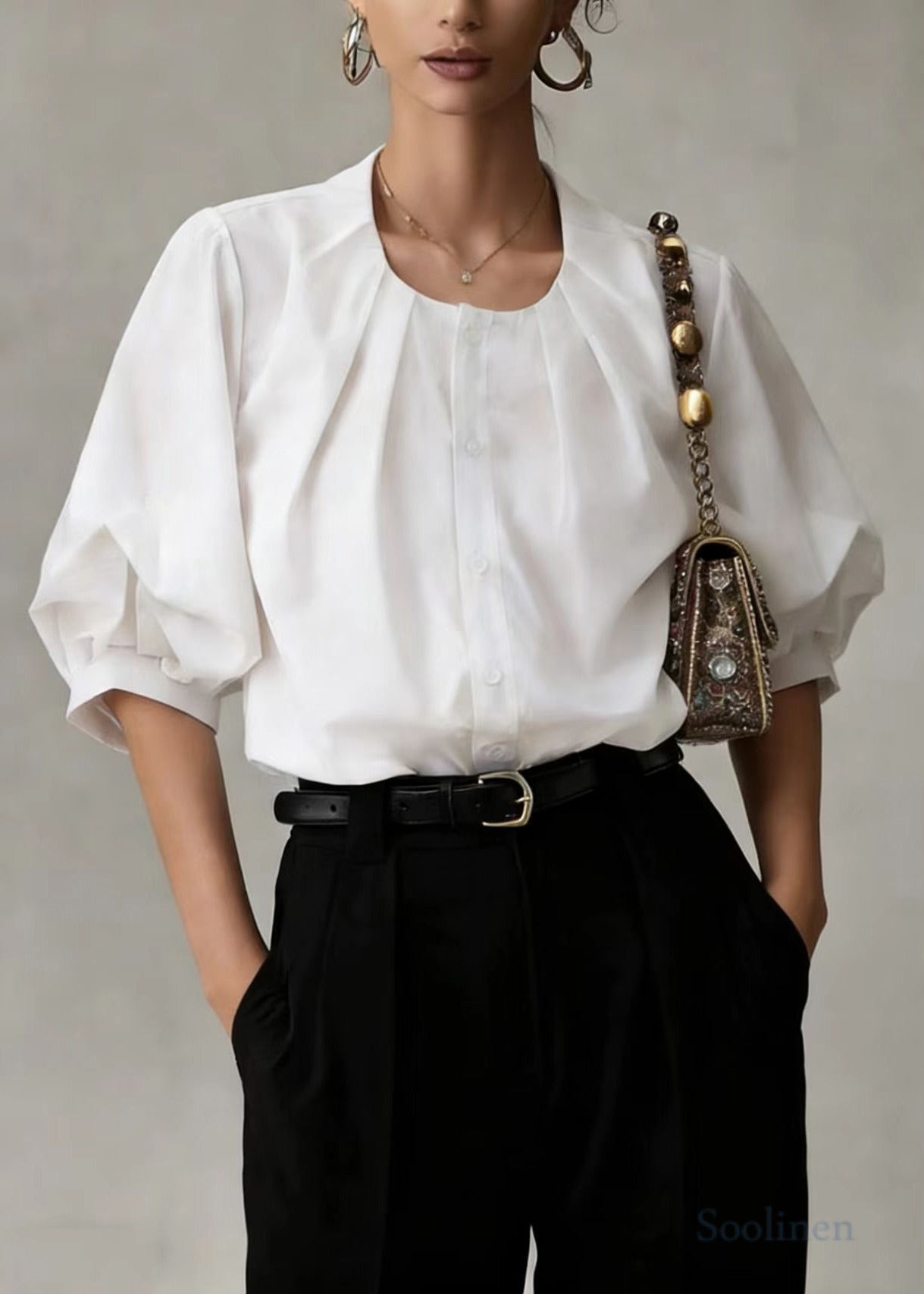 Women White O-Neck Wrinkled Cotton Blouses Lantern Sleeve