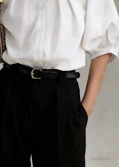 Women White O-Neck Wrinkled Cotton Blouses Lantern Sleeve