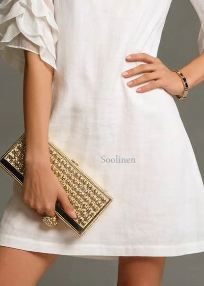 Women White O-Neck Zircon Cotton Day Dress Petal Sleeve