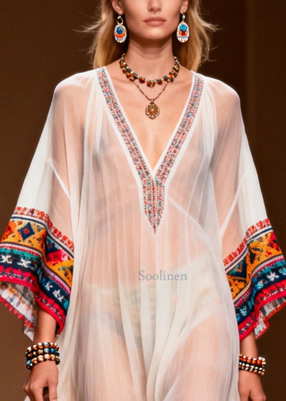 Women White Oversized Print Chiffon Maxi Dresses Summer
