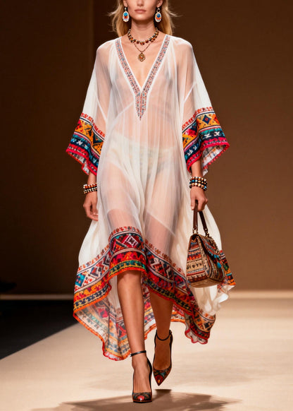 Women White Oversized Print Chiffon Maxi Dresses Summer