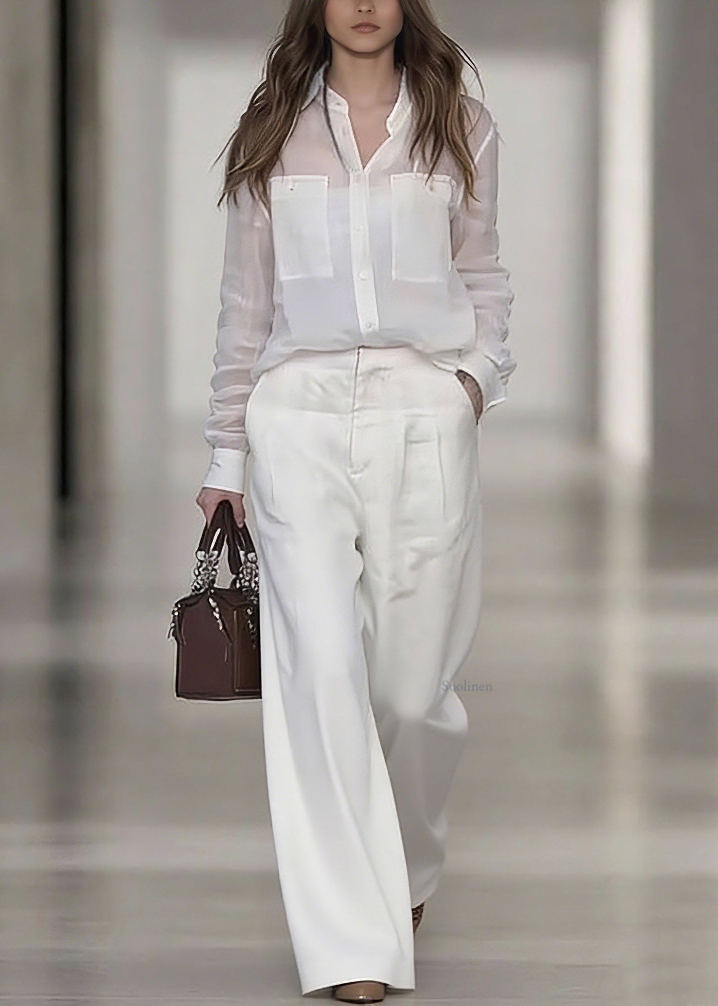 Women White Peter Pan Collar Linen Shirt And Wide Leg Pants Two Pieces Set Spring