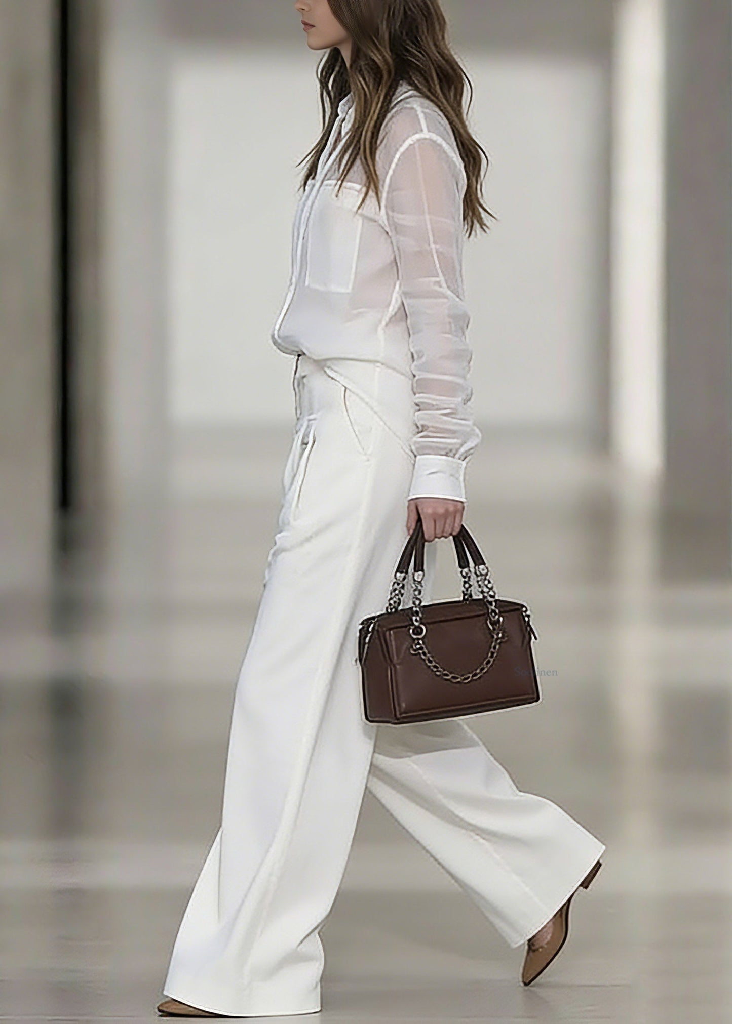 Women White Peter Pan Collar Linen Shirt And Wide Leg Pants Two Pieces Set Spring