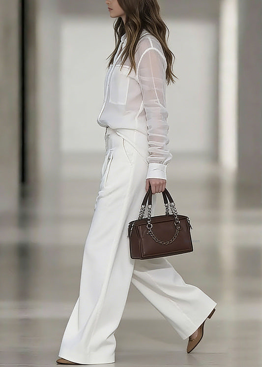 Women White Peter Pan Collar Linen Shirt And Wide Leg Pants Two Pieces Set Spring