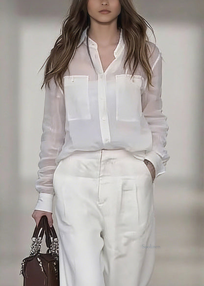 Women White Peter Pan Collar Linen Shirt And Wide Leg Pants Two Pieces Set Spring