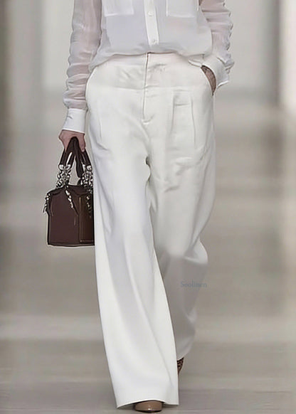 Women White Peter Pan Collar Linen Shirt And Wide Leg Pants Two Pieces Set Spring