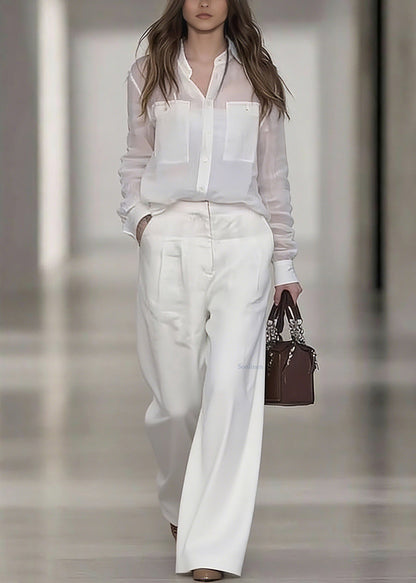 Women White Peter Pan Collar Linen Shirt And Wide Leg Pants Two Pieces Set Spring