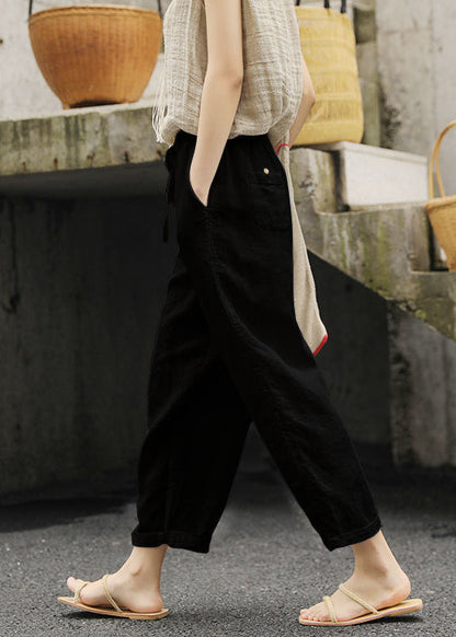 Women White Pockets Elastic Waist Cotton Pants Summer