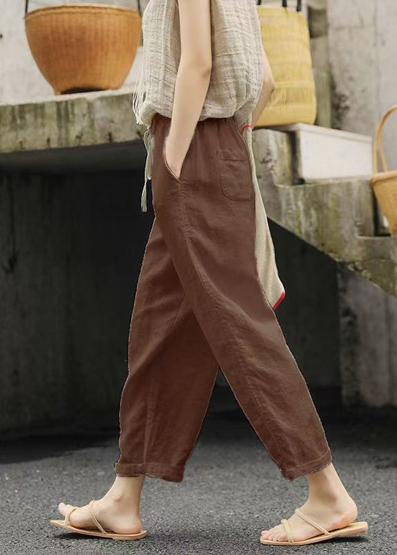 Women White Pockets Elastic Waist Cotton Pants Summer
