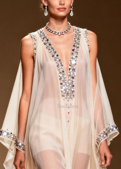 Women White Rhinestone Draping Chiffon Sheer Dress Sleeveless