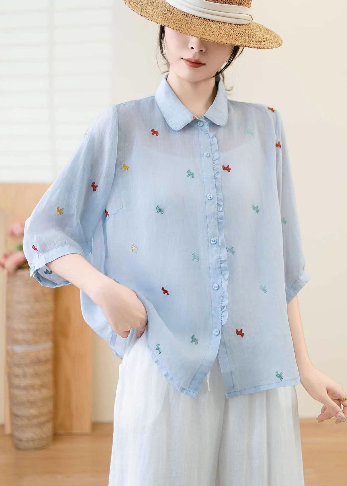 Women White Ruffled Embroidered Linen Blouse Top Summer
