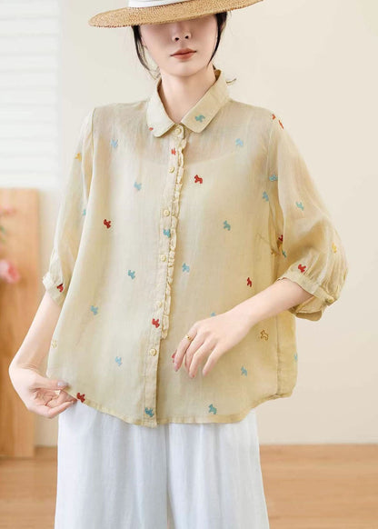 Women White Ruffled Embroidered Linen Blouse Top Summer