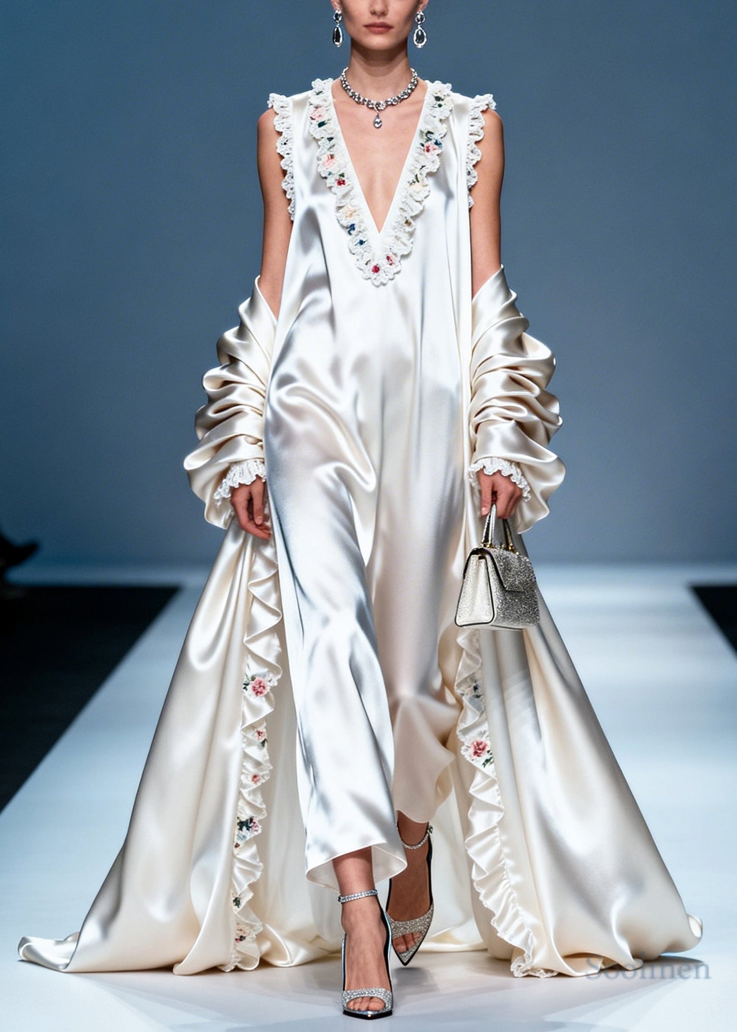 Women White Ruffled Exra Large Hem Silk Party Dress Summer