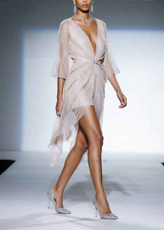 Women White Sequins Sheer Tulle Tea Dress Summer
