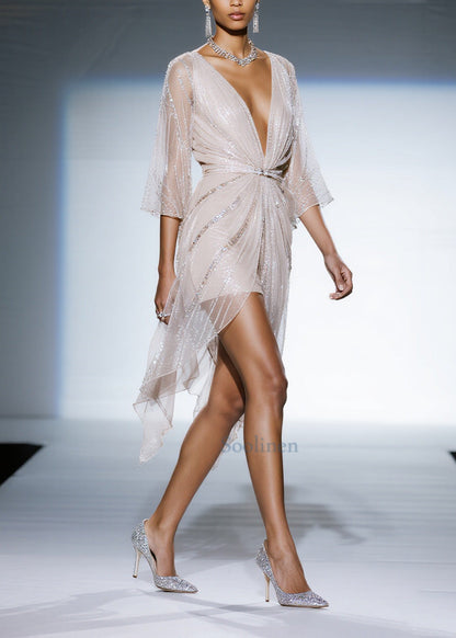 Women White Sequins Sheer Tulle Tea Dress Summer