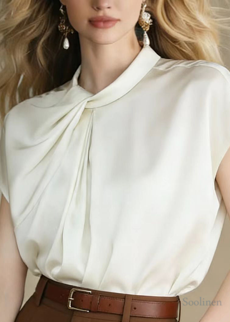 Women White Stand Collar Asymmetrical Design Chiffon Tank Tops Summer