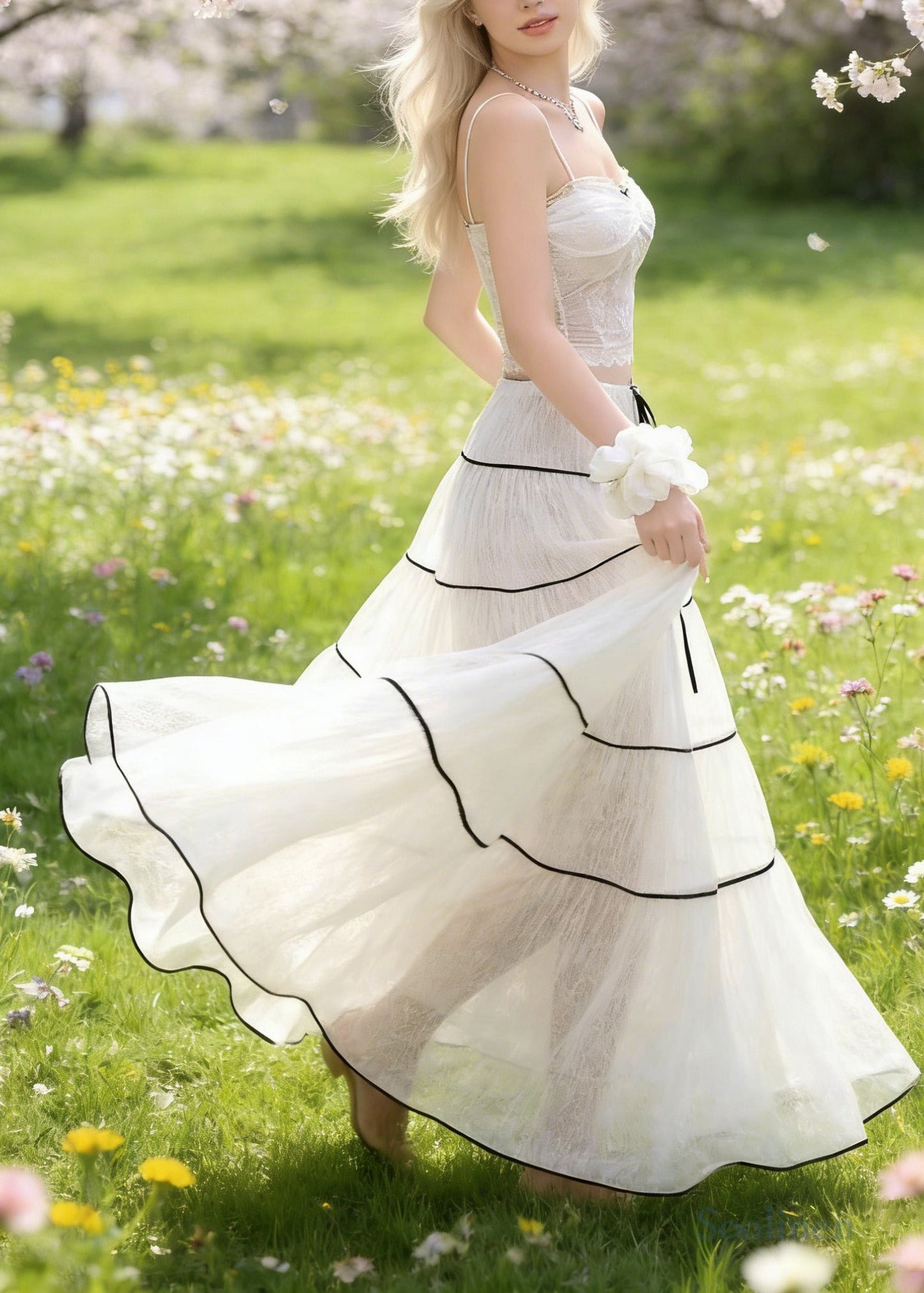 Women White Tie Waist Exra Large Hem Tulle Skirts Spring