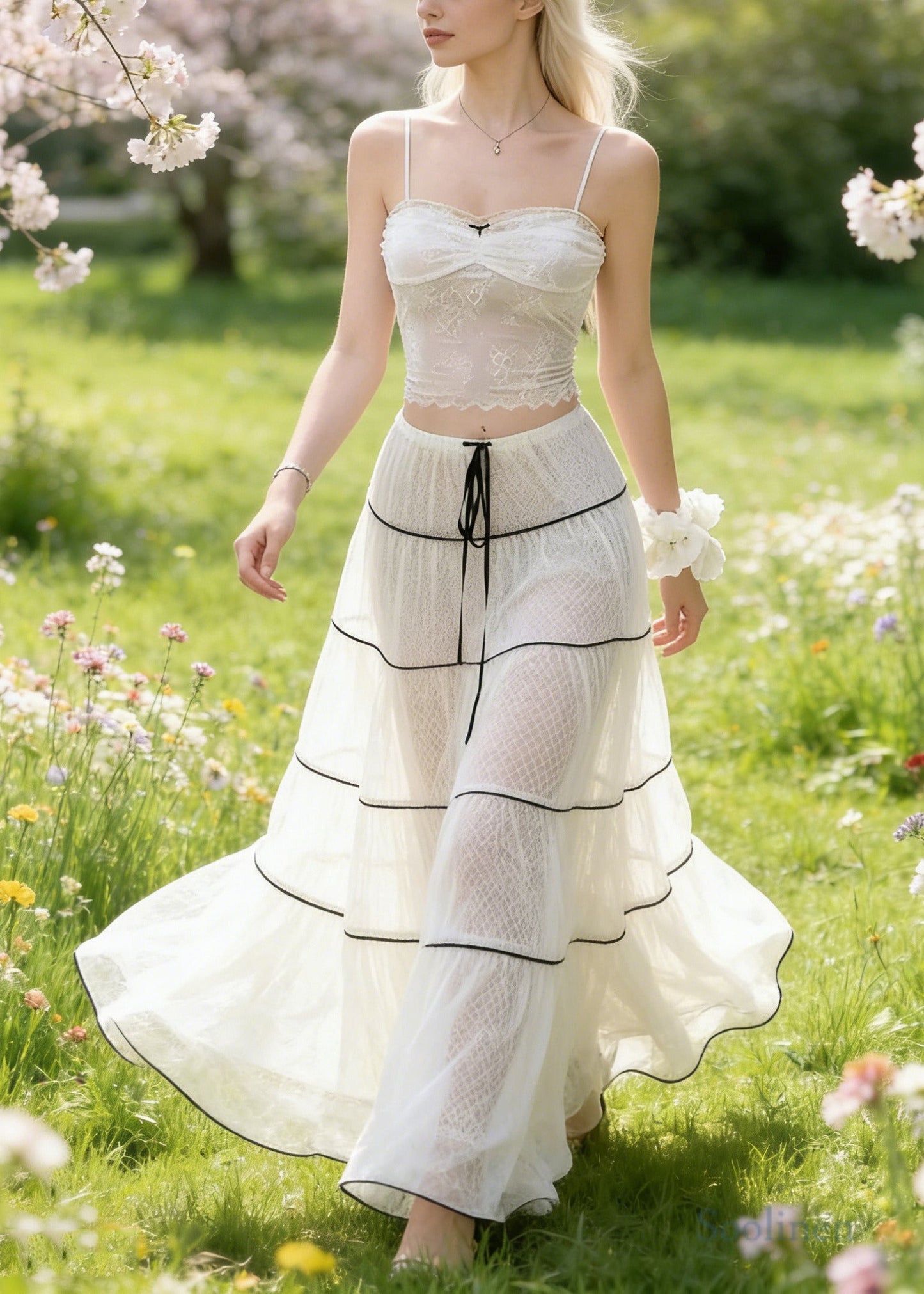 Women White Tie Waist Exra Large Hem Tulle Skirts Spring