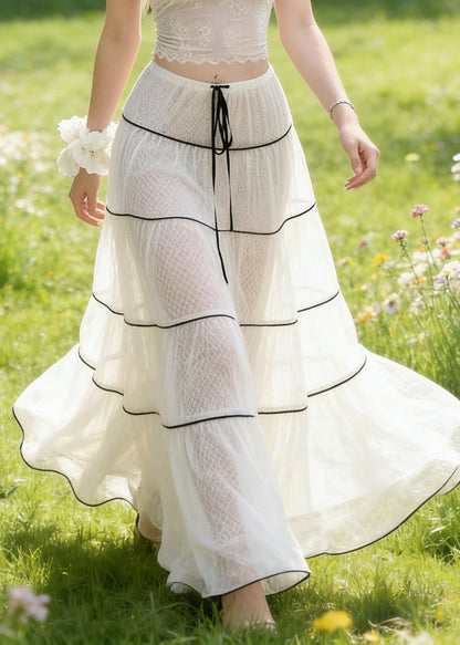 Women White Tie Waist Exra Large Hem Tulle Skirts Spring