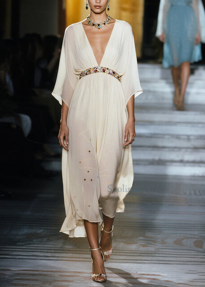 Women White V Neck Draping Chiffon Vacation Dresses Summer