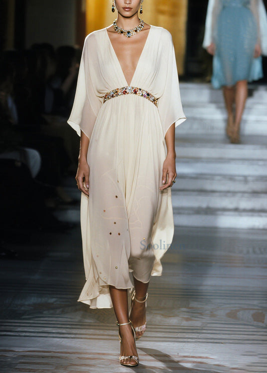 Women White V Neck Draping Chiffon Vacation Dresses Summer