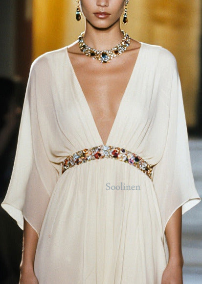 Women White V Neck Draping Chiffon Vacation Dresses Summer
